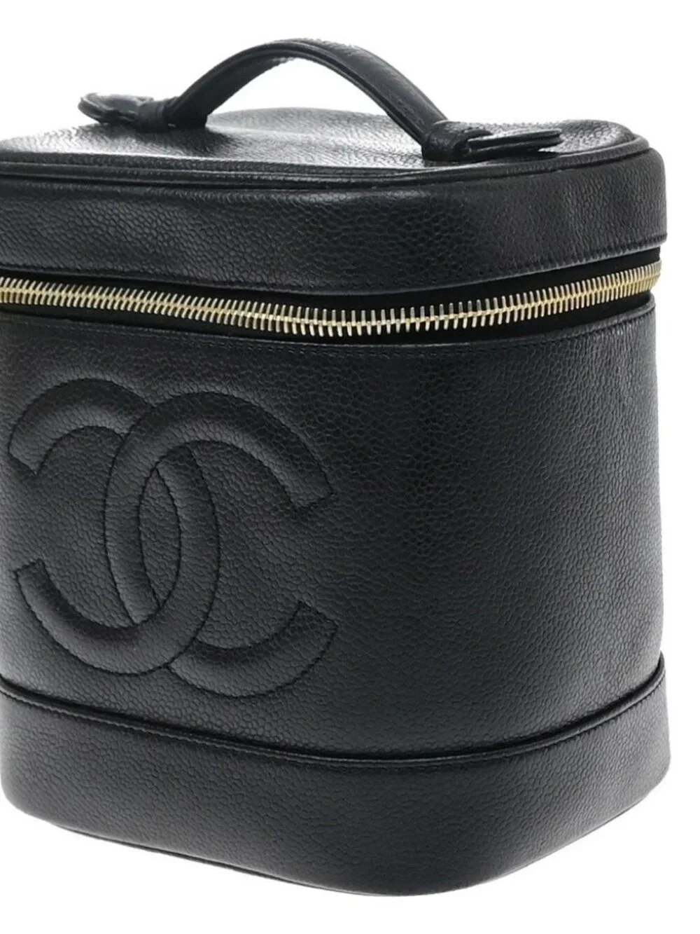 CHANEL Vanity Cosmetic Hand Bag Grained Calfskin Leather Black Vintage